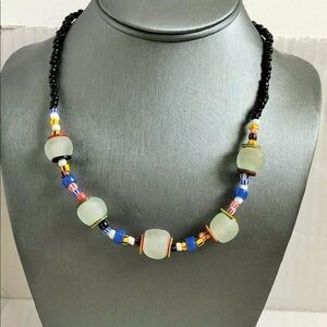 African Pounded Glass Necklace 19" Length Multicolored
